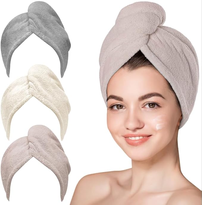 YHPDYL 3 Pack Microfiber Hair Towel Wrap for Women, Fast Drying Hair Turban with Button, Anti-Frizz Large Hair Towel for All Hair Styles, Soft & Absorbent Hair Drying Towel(White,Khaki,Grey)