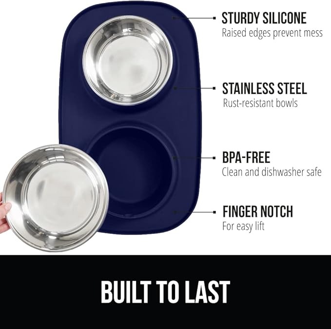 GORILLA GRIP Feeding Mat Set, 3 Cup, Patent Pending 100% Waterproof BPA Free Silicone, Stainless Steel Cat and Dog Bowls, Slip Resistant, Edges Catch Water Food, US Designed Pet Accessories, Navy Blue