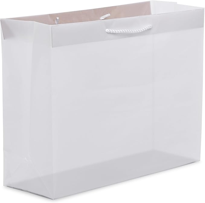 Prime Line Packaging Frosted White Gift Bags with Rope Handles, Reusable Shopping Bags for Retail, Small Business, Boutique, Favors, Bulk, 16x6x12, 100 Pack