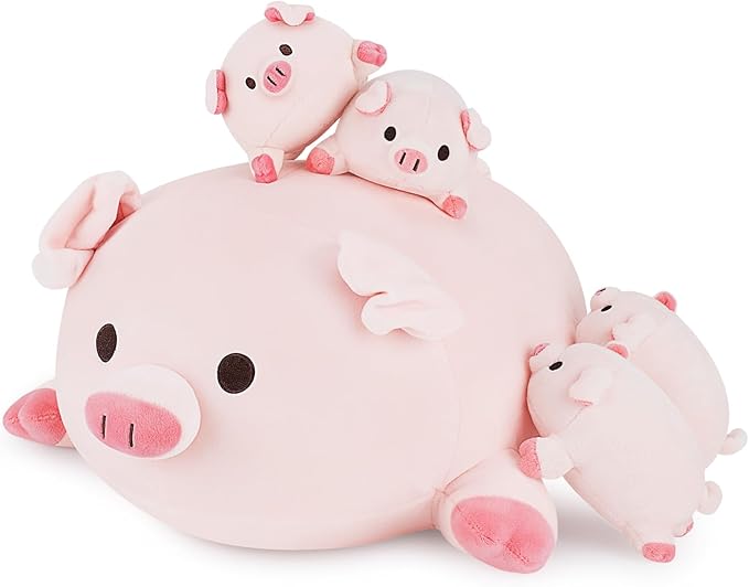 Achwishap 5PCS Pig Family,Pig Stuffed Animal Mommy with 4 Pig Babies Plush,Cute Pig Plush Pillow Cushion Doll,Kawaii Pig Plush Toy Hugging Pillow for Kid Birthday Gift Adult Valentines(16” Pig Family)