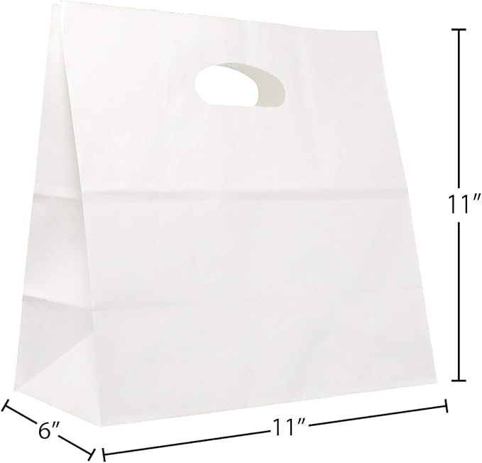 PTP BAGS White 11" x 6" x 11" Die Cut Tote Bags [Pack of 500] Kraft Paper Gift, Food Service Bags