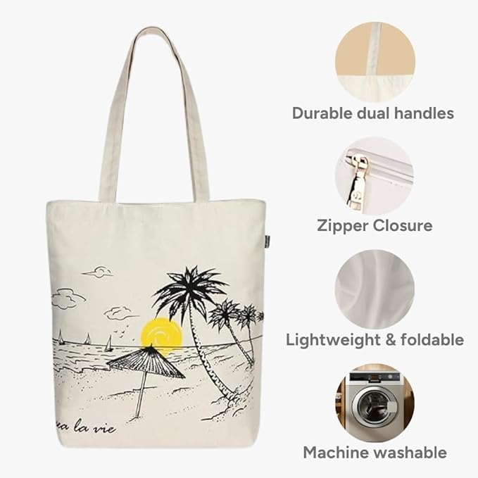Ecoright Tote Bag for Women with Zipper, Small Tote Bag, Canvas Bag, Reusable Cotton Bag for Beach, Grocery, School & Work