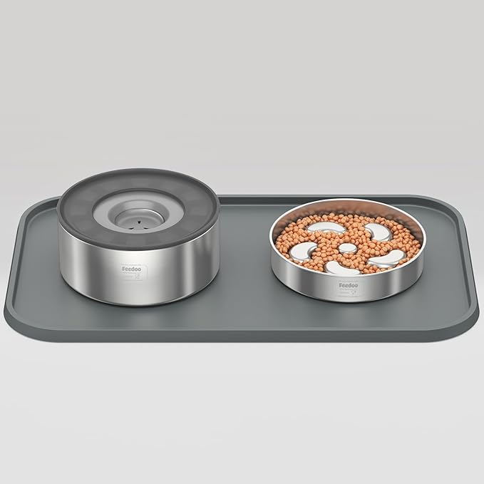 Feedoo Pet Feeding Mat [Warped Resistant Raised Edge], Water-Proof Silicone Placement for Food Water Bowls, Anti-Slip Base Protect Floor, BPA-Free&Dishwasher-Safe [18.5x11.5inch Medium, Gray]