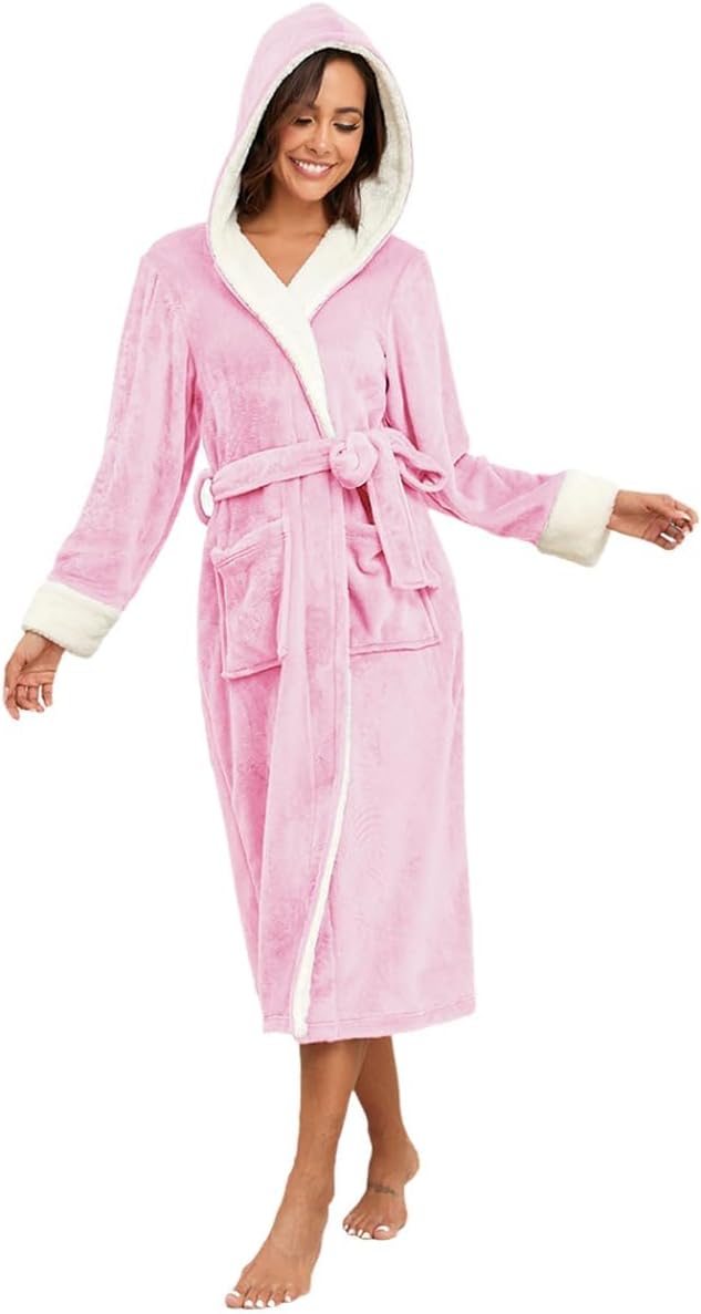 RONGTAI Womens Plush Fleece Hooded Bathrobe, Thick Nightgown Long Robe Sleepwear with Two Side Pockets and Belt
