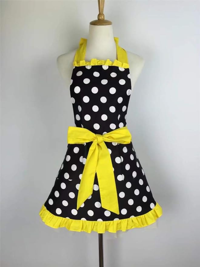 Hyzrz Cute Apron Retro Black Polka Dot Retro Ruffle Side Vintage Cooking Aprons with Pockets for Women Girls (Side Yellow)