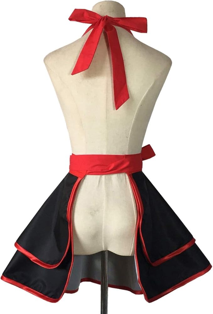 Hyzrz Lovely Handmade Cotton Retro Black Aprons for Women Girls Cake Kitchen Cook Apron for Mother's Gift (Red)