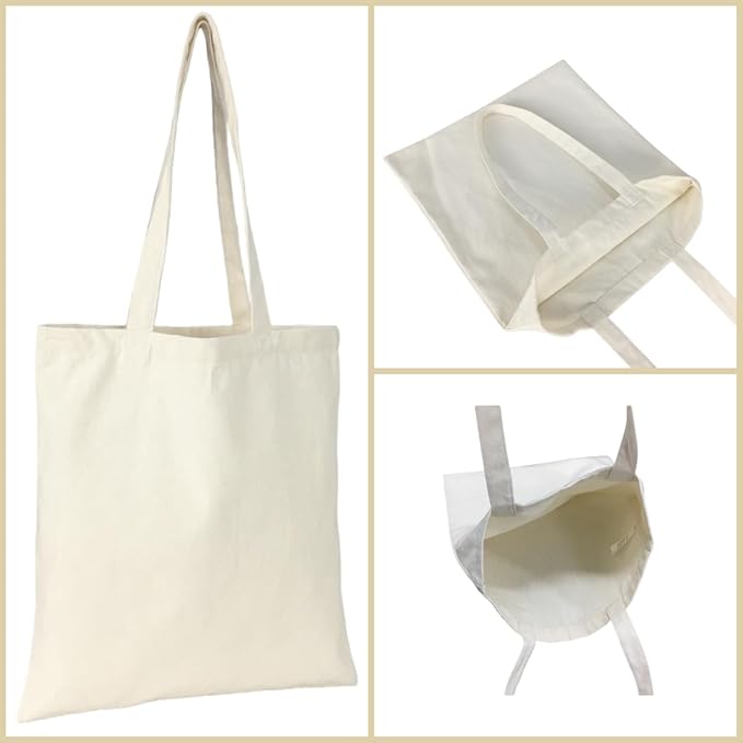 BUOGIO 12 Pack Natural 10oz Plain Canvas Tote Bags Bulk Blank Reusable Shopping Bag 14" x 15.5" for Custom Printing, Promotional, Gifts