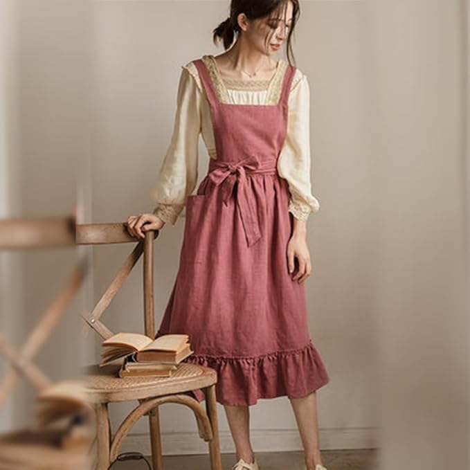 ODIZLI Frill Apron for Women Cotton Cross Back Vintage Ruffle Apron for Garden Cooking Aprons