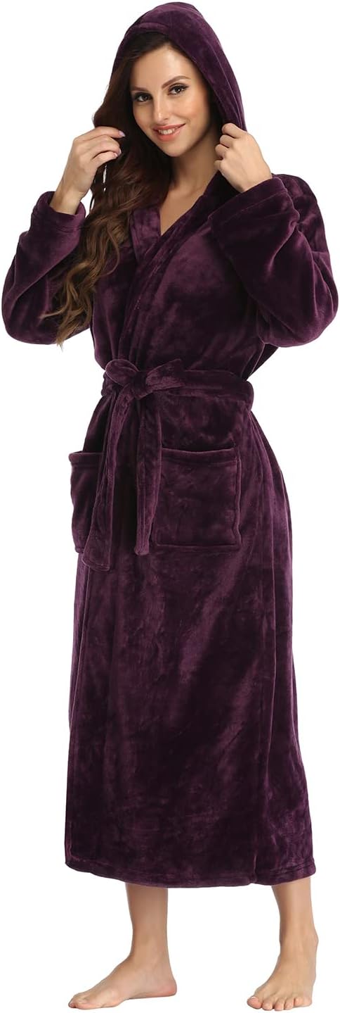 RONGTAI Womens Robes Plush Fleece Hooded Bathrobe Thick Nightgown with Pockets Fluffy Sleepwear