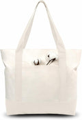 TOPDesign 3-Pack Canvas Tote Bags with an External Pocket, Reusable Grocery Shopping Bags, Top Zipper Closure, Daily Essentials (Natural)