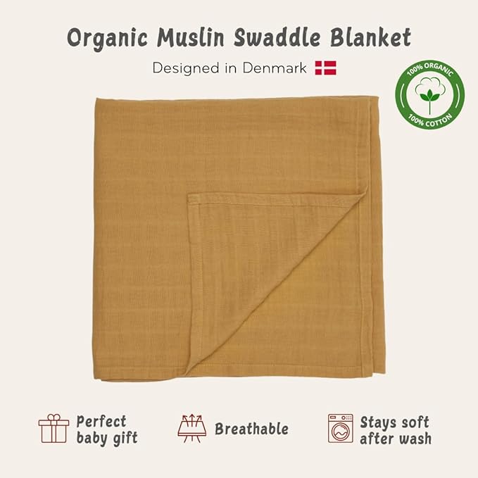 Huxie Swaddle - 100% Organic Cotton - Muslin Swaddle Blankets for Newborn, 47" x 47" (Autumn Yellow)