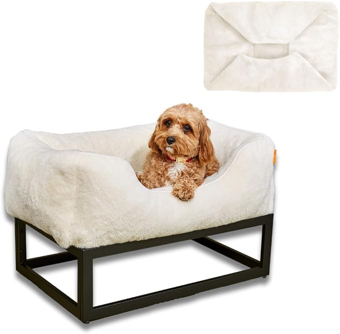 FUZI Elevated Dog Bed Small with Extra Cover, Luxury Raised Pet Bed, Removable and Machine Washable Cover, Indoor/Outdoor Orthopedic, Small 25.1x16.75x18 Soft White and Black Base