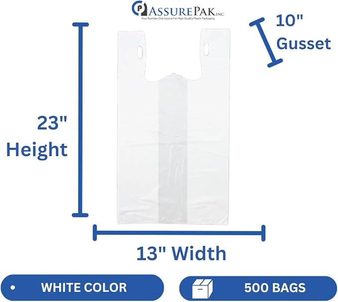 Easy Open - White Unprinted HDPE T-Shirt Bags 13"x10"x23" with handles – 500 Bags – 14 Microns - 1/5 BBL – Perfect for Supermarkets, Grocery Shopping and Store Purchases