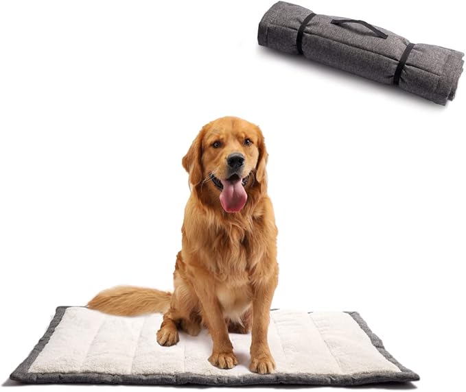 vmgreen Travel Dog Bed, Rollup Crate Mat, Kennel Pad, Pet Camping Gear with Carry Handles for Medium Dog or Cat, Super Soft, Machine Washable, 36 * 23” Grey