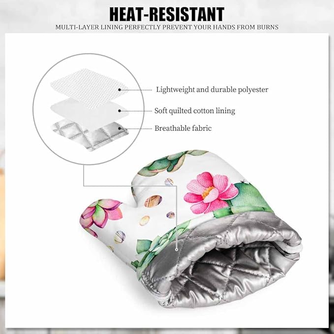 Mxocom Plants Oven Mitt and Pot Holder with Silicone Watercolor Cactus Summer Floral Mexican Cacti Heat Resistant Kitchen for Cooking BBQ Baking Grilling Spring/Summer