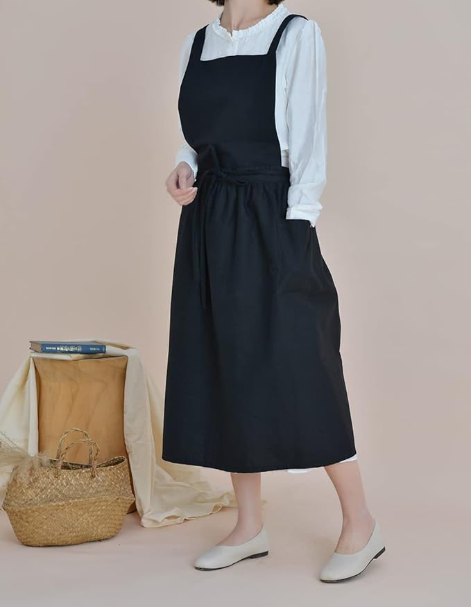 Japanese apron Women-Cross Back Apron for Women with Pockets, Pinafore Aprons, Womens Cotton Linen Apron