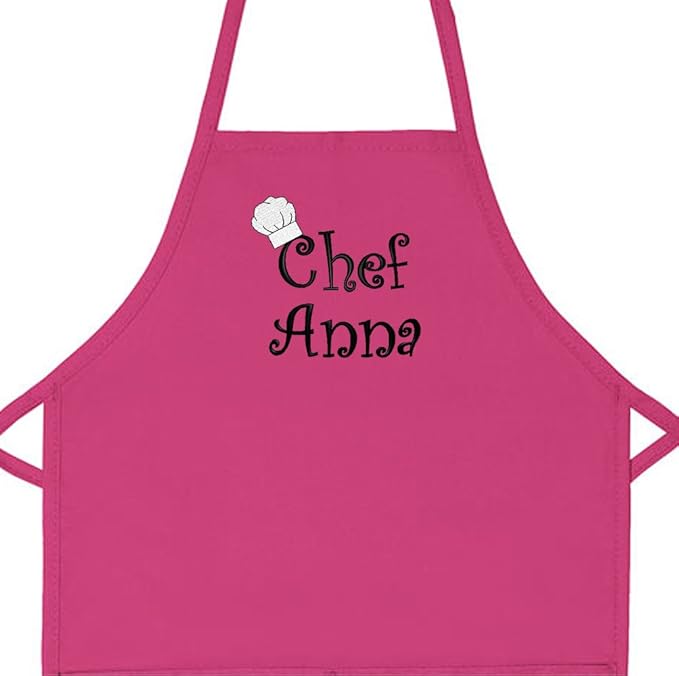Made in the USA Chef Any Name Child Personalized Embroidered Premium Child Apron for Kids Girls Boys Fun in the Kitchen Gift Hot Pink Regular