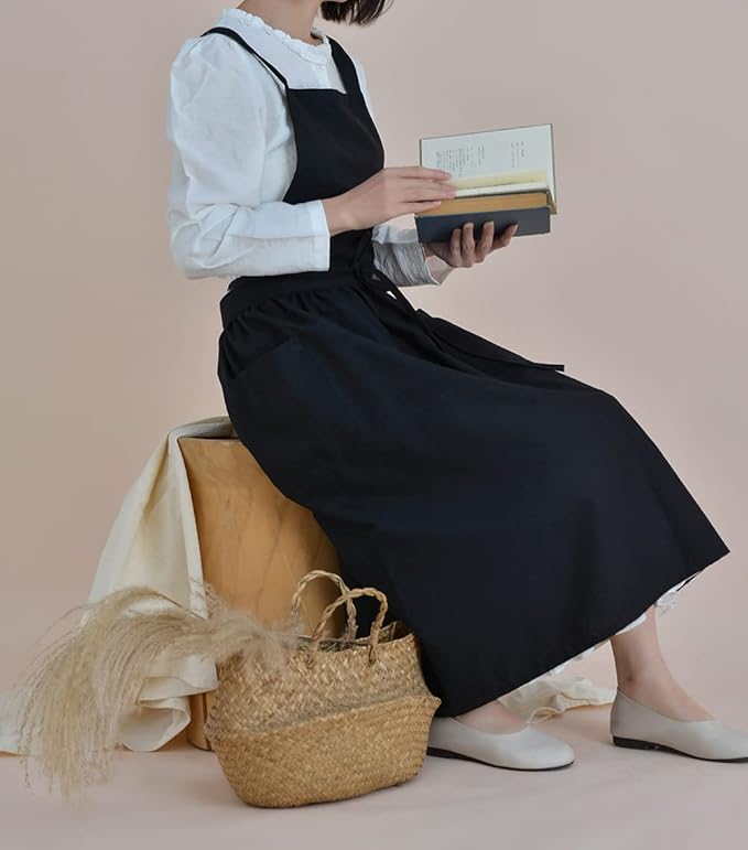 Japanese apron Women-Cross Back Apron for Women with Pockets, Pinafore Aprons, Womens Cotton Linen Apron
