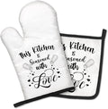 This Kitchen is Seasoned with Love Funny Oven Mitts and Pot Holders Set, Kitchen Baking Grill Microwave Gadgets, Sweet Housewarming Gifts, Birthday Gifts for Women, Men, Hostess, BBF