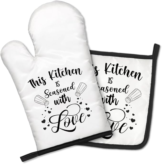 This Kitchen is Seasoned with Love Funny Oven Mitts and Pot Holders Set, Kitchen Baking Grill Microwave Gadgets, Sweet Housewarming Gifts, Birthday Gifts for Women, Men, Hostess, BBF