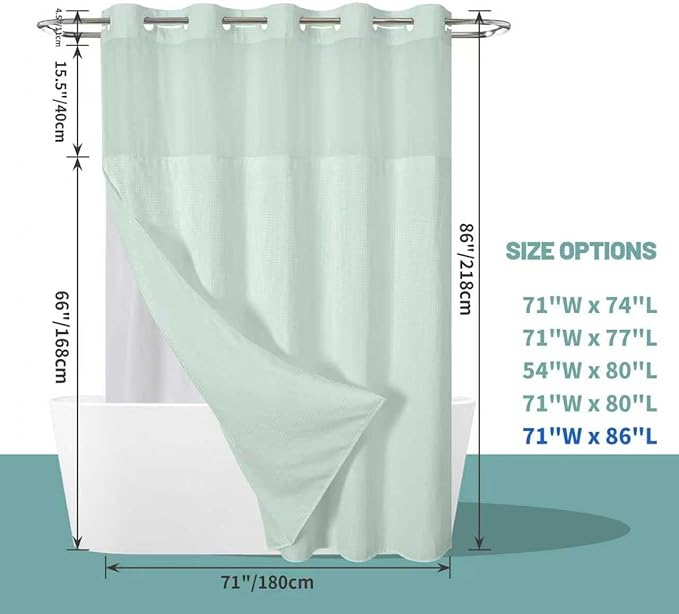eachope MintGreen Extra Long No Hook Waffle Weave Shower Curtain with snap-in Liner Replacement, 230GSM Waterproof Fabric Hotel Shower Curtain Set for Bathroom, Through Mesh Top Window,71Wx86H
