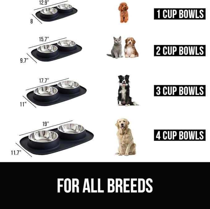 GORILLA GRIP Feeding Mat Set, 4 Cup, Patent Pending 100% Waterproof BPA Free Silicone, Stainless Steel Cat and Dog Bowls, Slip Resistant, High Edges Catch Water Food, US Designed Pet Accessories Black