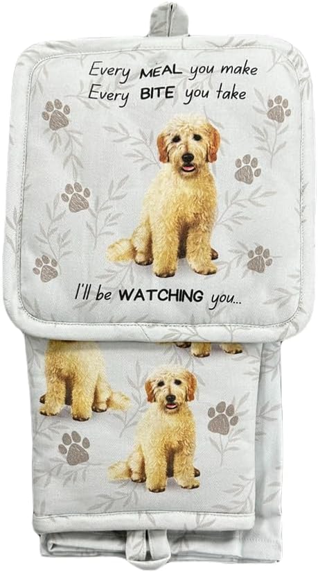Goldendoodle 3-Piece Kitchen Set - Oven Mitt, Pot Holder & Kitchen Towel Set, Heat Resistant up to 420 F, Soft Quilted Cotton for Cooking, Baking, BBQ, Pet Lover Gifts (Goldendoodle)