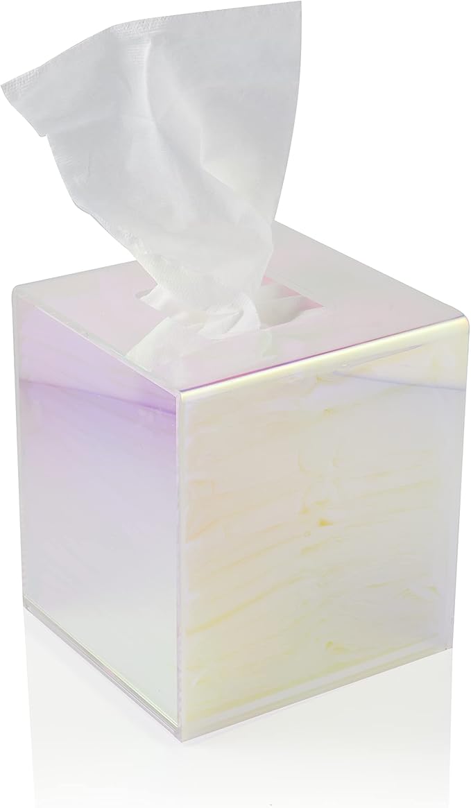 Acrylic Tissue Box Holder, Clear Dispenser for Facial Tissues, Napkins, and Dryer Sheets. Perfect for Bathrooms, Desks, Countertops, Vanities, Bedrooms, and Nightstands (Square, Iridescent)