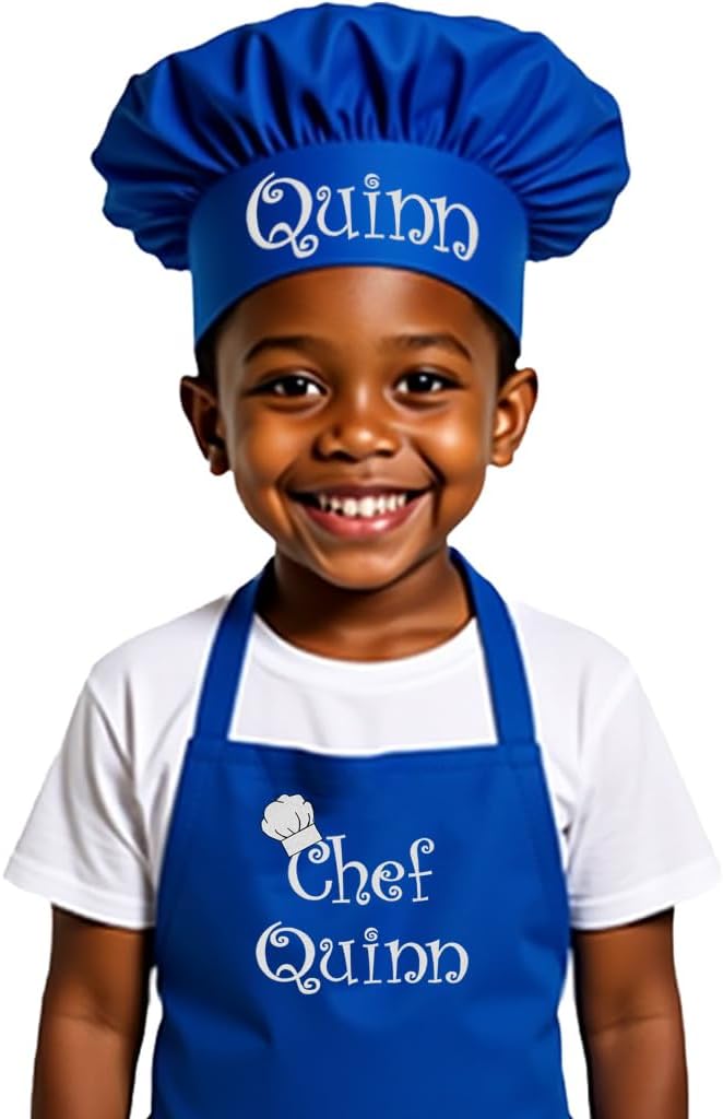 Made in the USA Personalized Embroidered Premium Child Apron and Chef Hat for Kids Girls Boys Fun in the Kitchen Gift (CAN Royal, Long with hat)