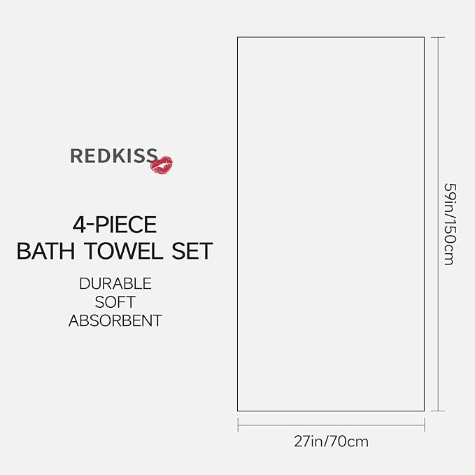 REDKISS 100% Cotton Bath Towels Set of 4, Extra Large Bath Sheets 27 X 59 Inches, 600 GSM, Quick Dry, Ultra Soft & Super Absorbent Bathroom Towel Sets for Bathroom, Gym, Spa, Pool & Hotel, Dark Grey