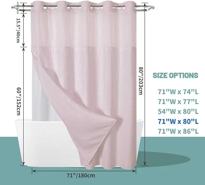 eachope BlushPink Long No Hook Waffle Weave Shower Curtain with snap-in Liner Replacement, 230GSM Waterproof Fabric Hotel Shower Curtain Set for Bathroom, Through Mesh Top Window,71Wx80H