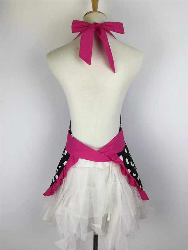 Hyzrz Cute Apron Retro Black Polka Dot Retro Ruffle Side Vintage Cooking Aprons with Pockets for Women Girls (Side Rose Red)