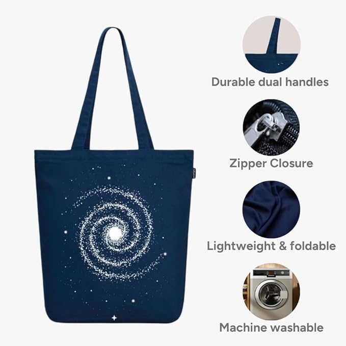 Ecoright Tote Bag for Women with Zipper, Small Tote Bag, Canvas Bag, Reusable Cotton Bag for Beach, Grocery, School & Work