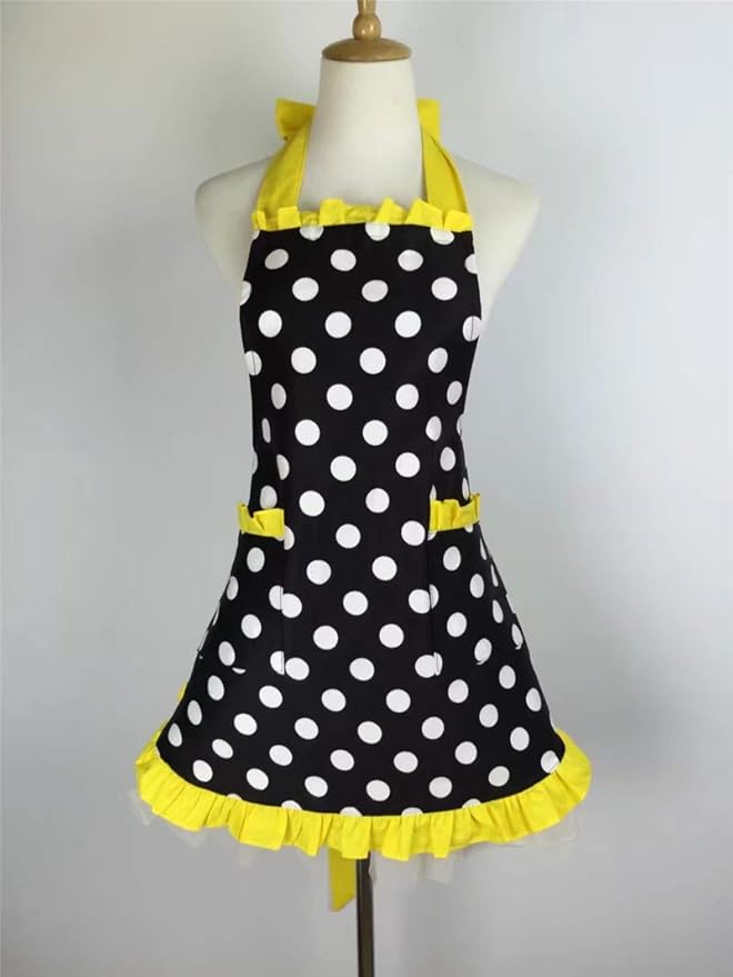 Hyzrz Cute Apron Retro Black Polka Dot Retro Ruffle Side Vintage Cooking Aprons with Pockets for Women Girls (Side Yellow)