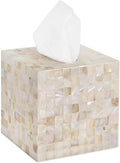 PEMAR 5.9″ Handmade Mother of Pearl Tissue Box Cover – Acacia Wood Cube, 5.35″ Interior Fits 5″ Square Boxes, Sliding Bottom, Pearly White Lacquer Rustic Farmhouse Decor
