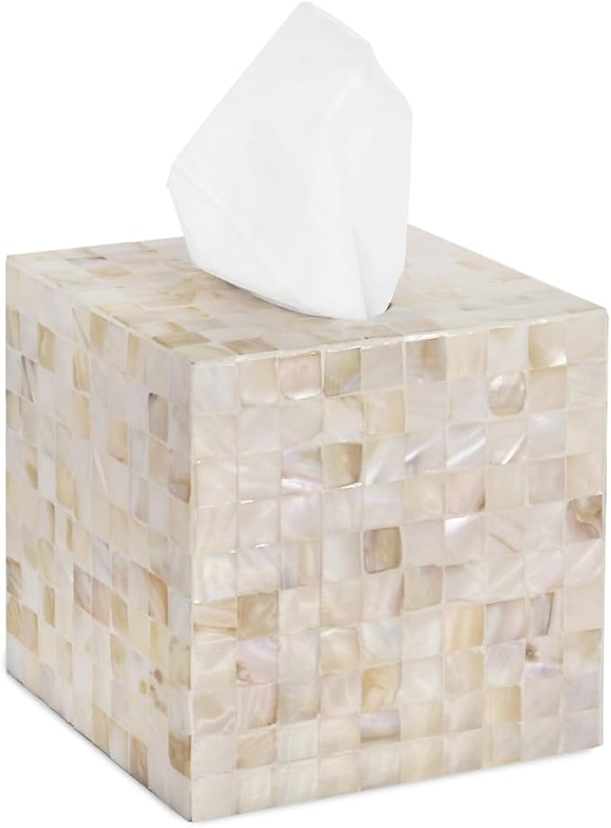 PEMAR 5.9″ Handmade Mother of Pearl Tissue Box Cover – Acacia Wood Cube, 5.35″ Interior Fits 5″ Square Boxes, Sliding Bottom, Pearly White Lacquer Rustic Farmhouse Decor