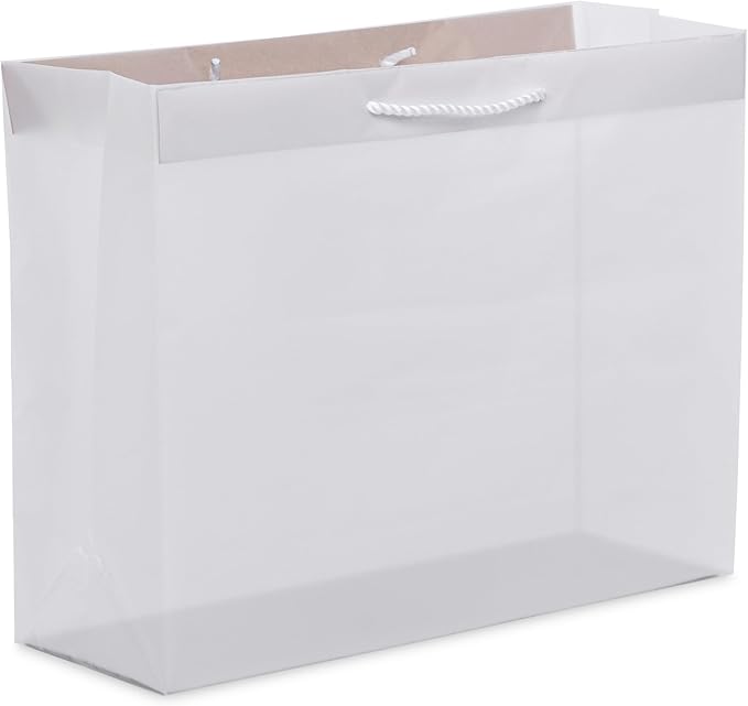 Prime Line Packaging Frosted White Gift Bags with Rope Handles, Reusable Shopping Bags for Retail, Small Business, Boutique, Favors, Bulk, 16x6x12, 100 Pack