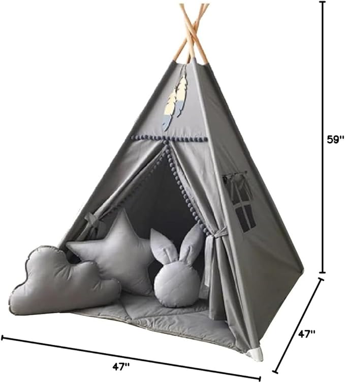 RONGFA Kids Teepee Tent with White Pom Pom - Indoor Play Teepee for Children Boys Portable Play House (Grey)
