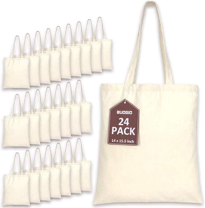 BUOGIO 24 Pack Natural 10oz Plain Canvas Tote Bags Bulk Blank Reusable Shopping Bag 14" x 15.5" for Custom Printing, Promotional, Gifts