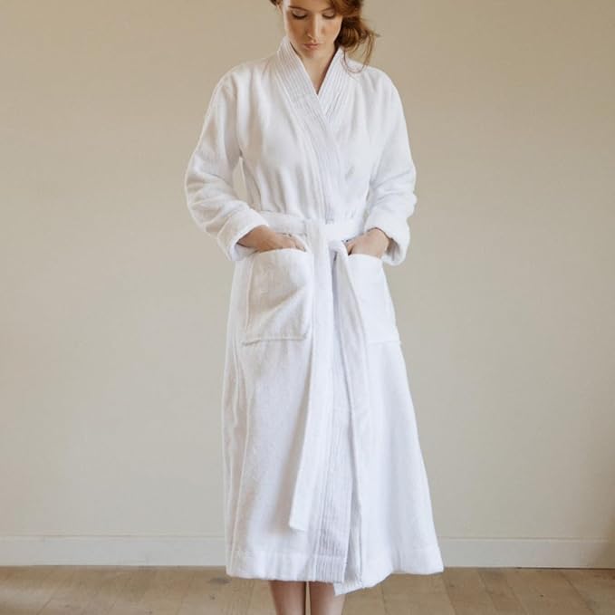 Nine Space Turkish Cotton Pleated Trim Terry Robe | Luxurious Bathrobe, Soft Spa Robe, Cozy Lounge Wear for Women