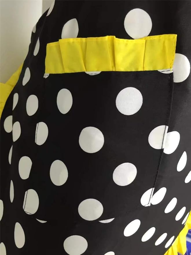 Hyzrz Cute Apron Retro Black Polka Dot Retro Ruffle Side Vintage Cooking Aprons with Pockets for Women Girls (Side Yellow)
