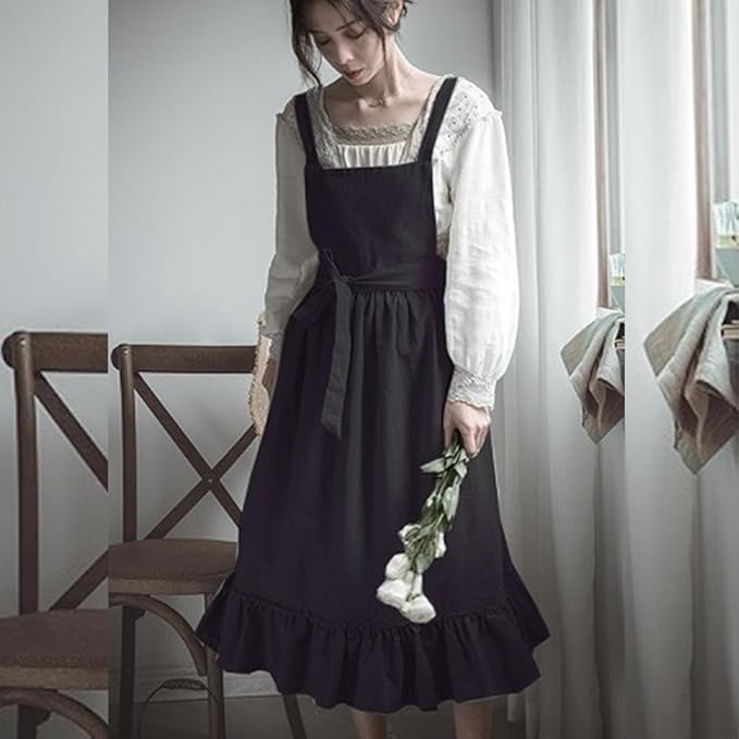 ODIZLI Frill Apron for Women Cotton Cross Back Vintage Ruffle Apron for Garden Cooking Aprons