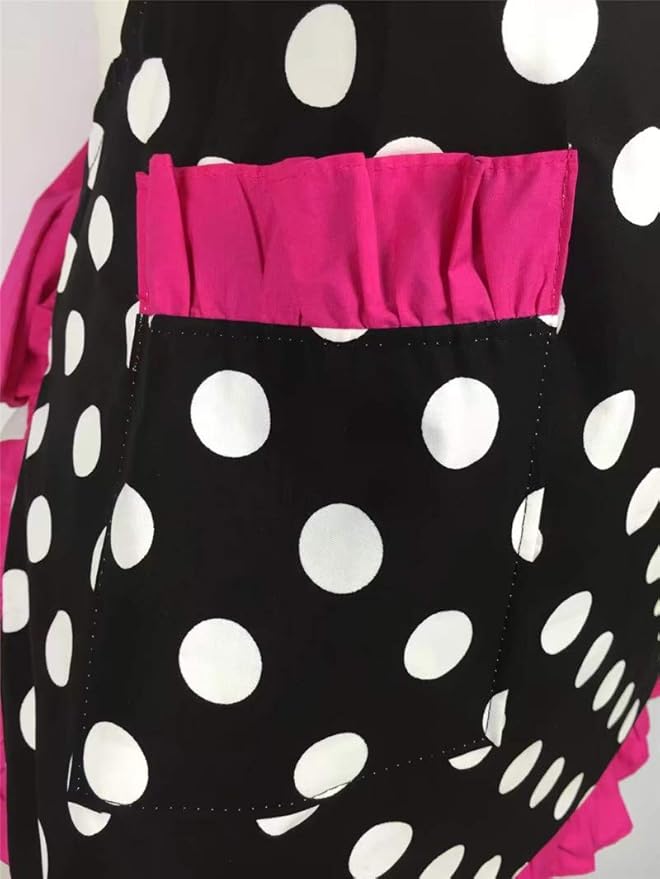 Hyzrz Cute Apron Retro Black Polka Dot Retro Ruffle Side Vintage Cooking Aprons with Pockets for Women Girls (Side Rose Red)