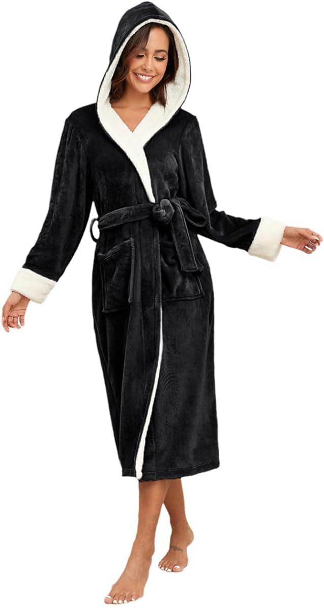 RONGTAI Womens Plush Fleece Hooded Bathrobe, Thick Nightgown Long Robe Sleepwear with Two Side Pockets and Belt