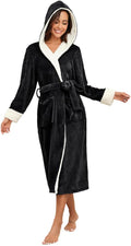 RONGTAI Womens Plush Fleece Hooded Bathrobe, Thick Nightgown Long Robe Sleepwear with Two Side Pockets and Belt