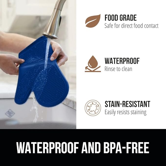 GORILLA GRIP BPA-Free Soft Silicone Oven Mitts and Pot Holders Sets of 4, Heat Resistant Waterproof Cooking Gloves, Thick Cotton Lining, Flexible Gripping for Baking Grilling, Kitchen Trivets, Blue