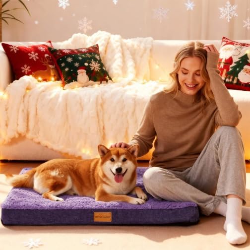 Patas Lague Orthopedic XL Dog Bed Large Sized Dog 48''X30'', Soft Waterproof Egg Crate Foam Large Pet Crate Beds Mat with Removable Washable Cover and Non-Slip Bottom, Purple