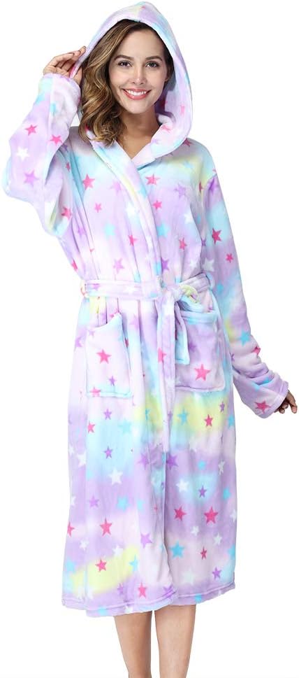 RONGTAI Womens Robes Plush Fleece Hooded Bathrobe Thick Nightgown with Pockets Fluffy Sleepwear