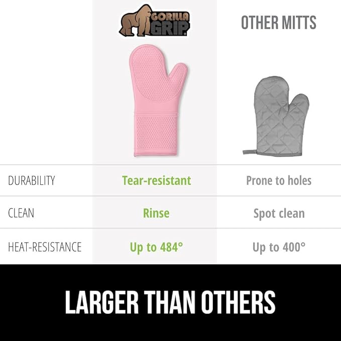 GORILLA GRIP BPA-Free Soft Silicone Oven Mitts, Heat Resistant and Waterproof Cooking Gloves, Thick Cotton Lining, Flexible Gripping for Baking Grilling, Kitchen Potholders Set of 2, 12.5x8.3, Pink