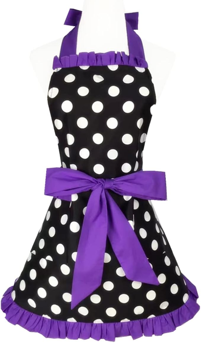 Hyzrz Cute Apron Retro Black Polka Dot Retro Ruffle Side Vintage Cooking Aprons with Pockets for Women Girls (Side Purple)
